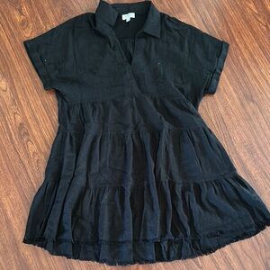 Umgee linen blend Black Tiered Short Sleeve Dress w raw edged skirt size small